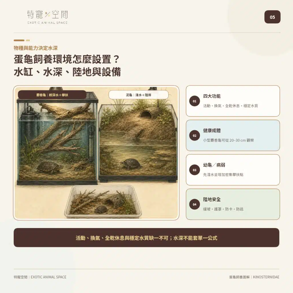 「蛋龜」不是一種龜!成體從10到25公分都有,水深、混養方式差很大 05 EGG TURTLE HABITAT SETUP