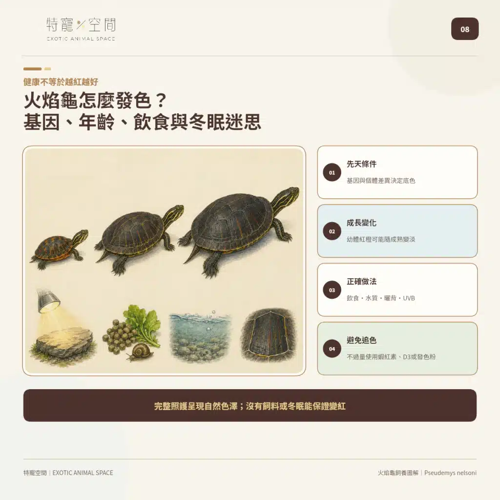 火焰龜飼養指南:成體大小、水溫、UVB與餵食細節掌握才能避免疾病 08 FIRE TURTLE COLOR HEALTH