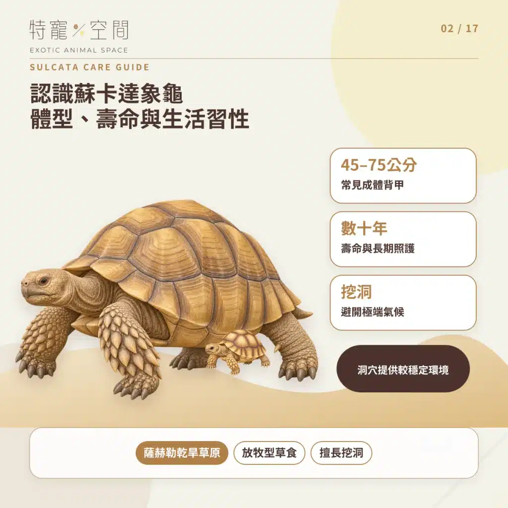蘇卡達象龜飼養指南:溫度、飲食、UVB、空間與健康一次看懂 02 SULCATA SIZE LIFESPAN