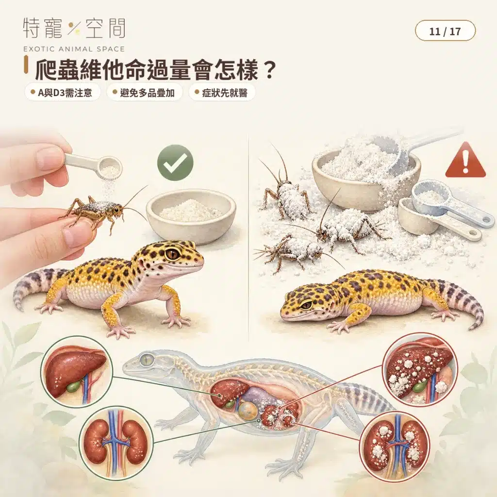 爬蟲維他命怎麼選?種類、使用頻率、鈣粉搭配與過量風險完整指南 11 REPTILE VITAMIN OVERDOSE RISK