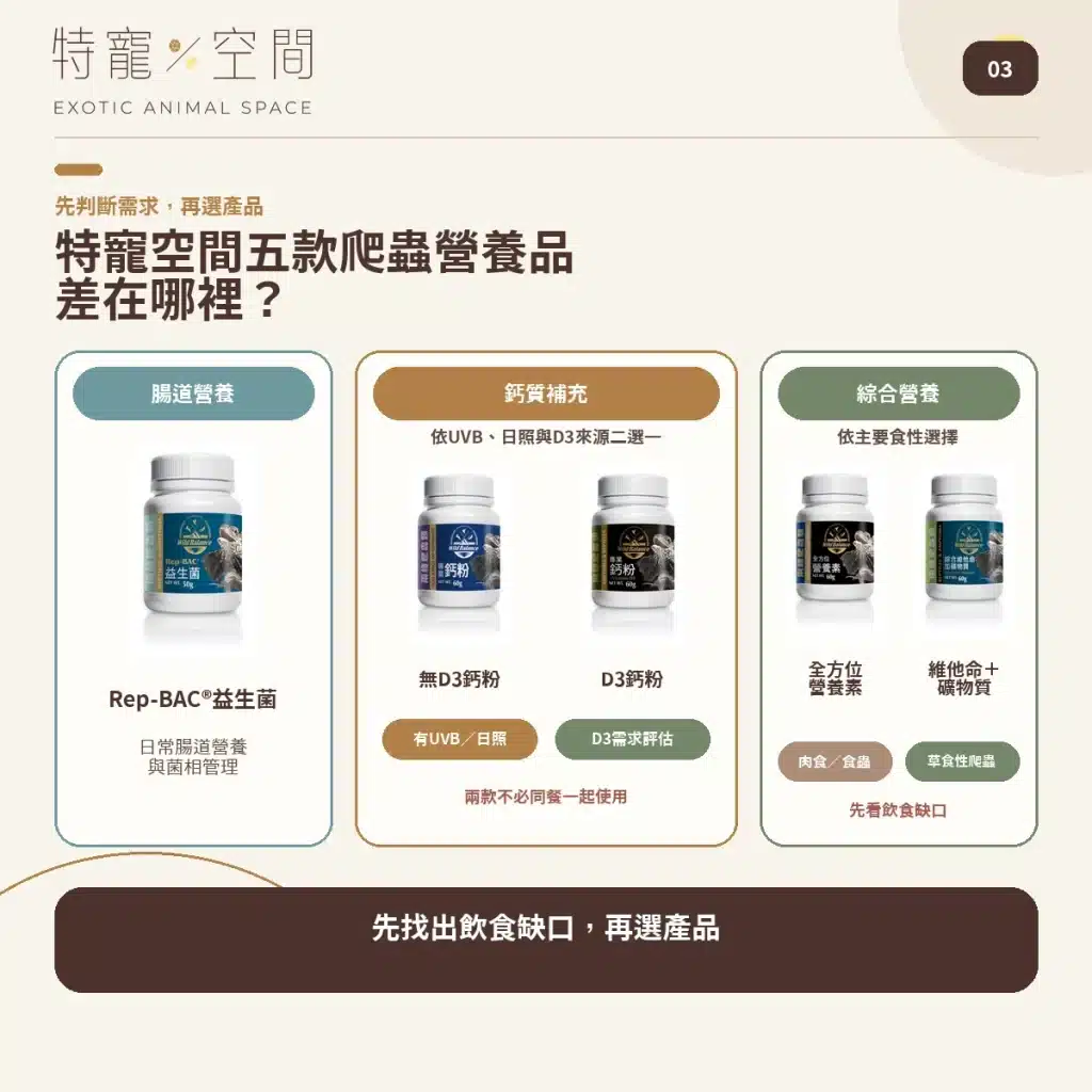 爬蟲營養品怎麼用?5款常見產品用量、頻率與搭配指南,益生菌、D3鈣粉、營養素、礦物質 03 FIVE REPTILE SUPPLEMENTS DIFFERENCE 1