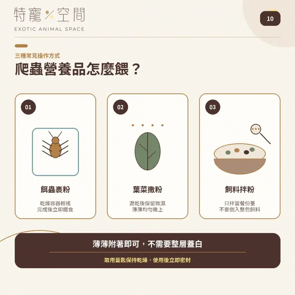爬蟲營養品怎麼用?5款常見產品用量、頻率與搭配指南,益生菌、D3鈣粉、營養素、礦物質 10 HOW TO FEED REPTILE SUPPLEMENTS