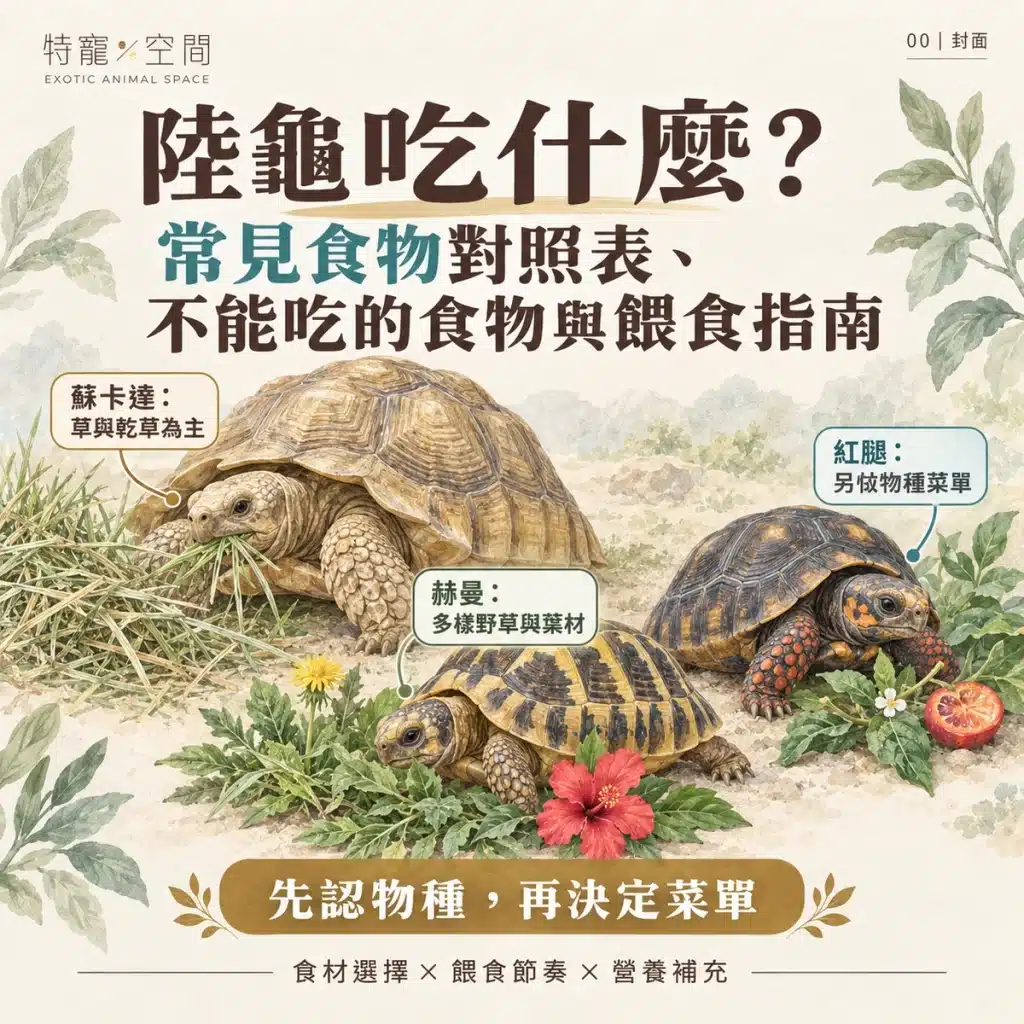 陸龜吃什麼?只能吃蔬菜嗎?獸醫解析:高纖低蛋白的飲食比例、禁忌食物與鈣粉補充指南 00-封面-陸龜吃什麼