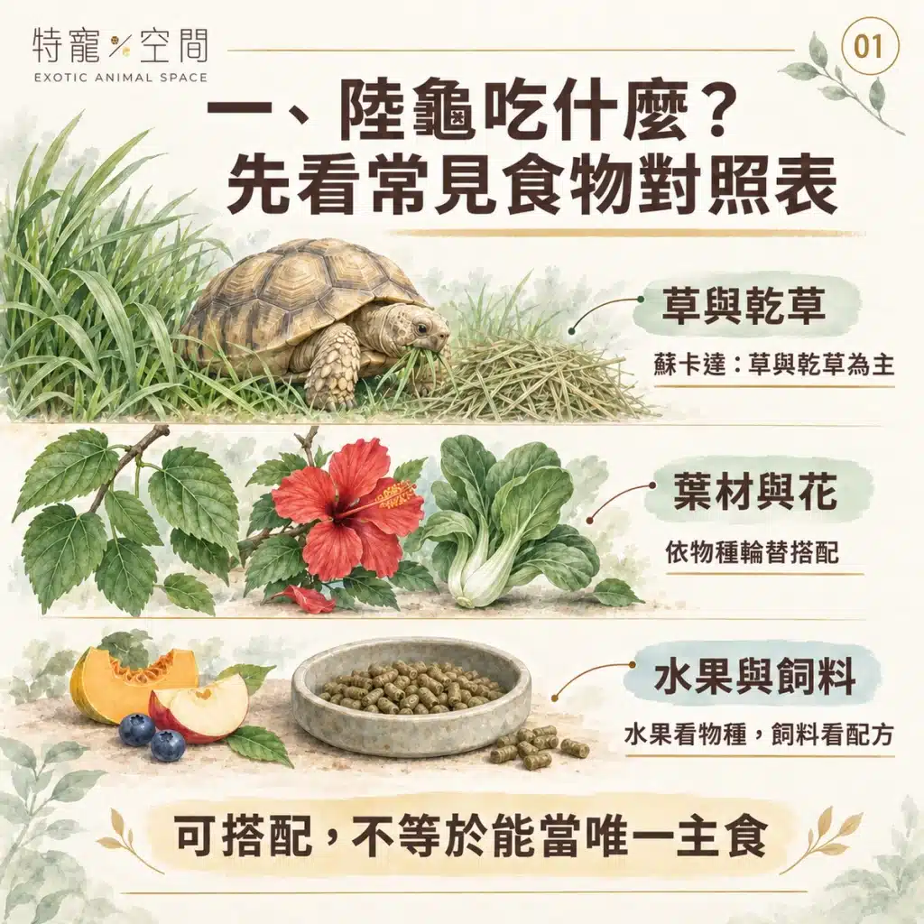 陸龜吃什麼?只能吃蔬菜嗎?獸醫解析:高纖低蛋白的飲食比例、禁忌食物與鈣粉補充指南 01 陸龜食物對照表