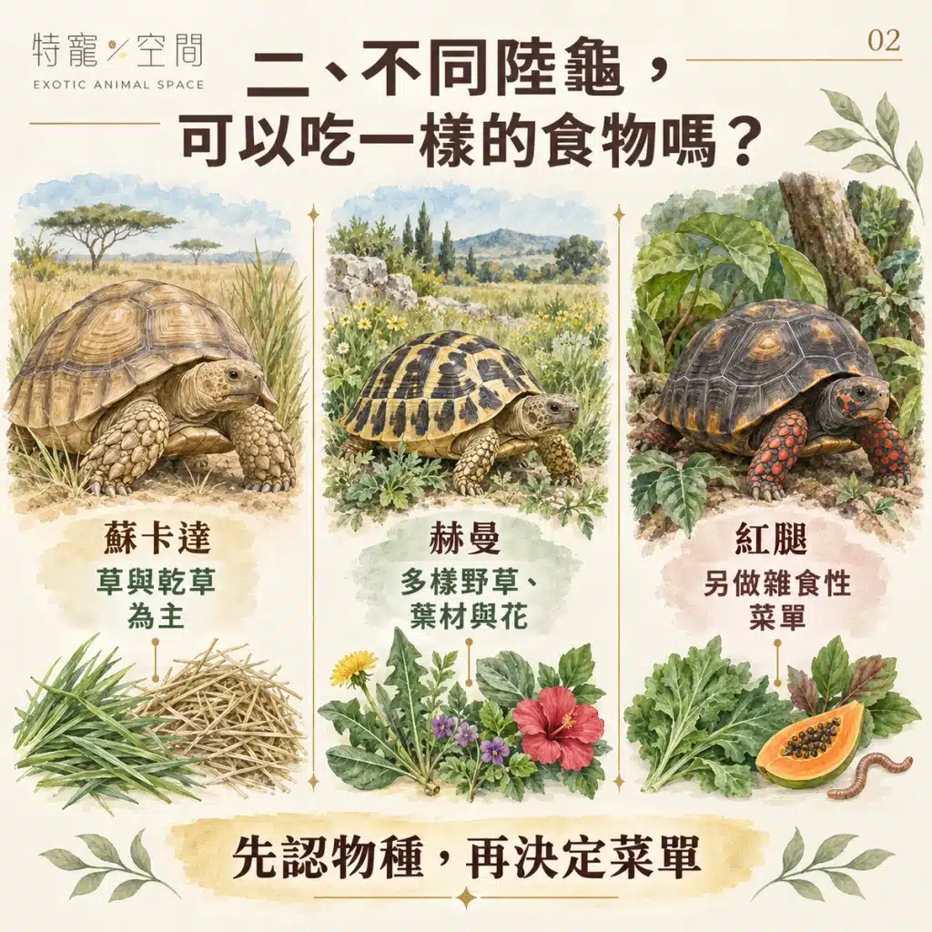陸龜吃什麼?只能吃蔬菜嗎?獸醫解析:高纖低蛋白的飲食比例、禁忌食物與鈣粉補充指南 02 不同陸龜食性