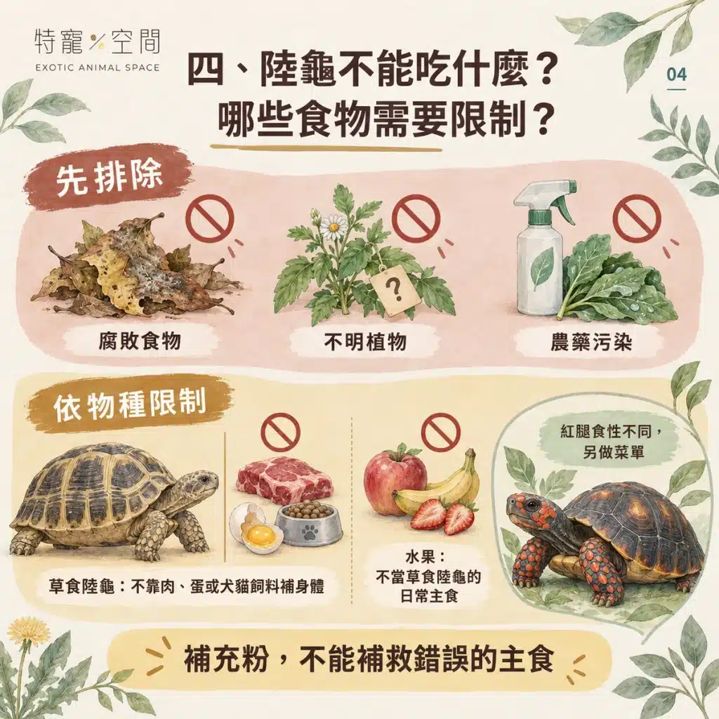 陸龜吃什麼?只能吃蔬菜嗎?獸醫解析:高纖低蛋白的飲食比例、禁忌食物與鈣粉補充指南 04 食物禁忌與限制