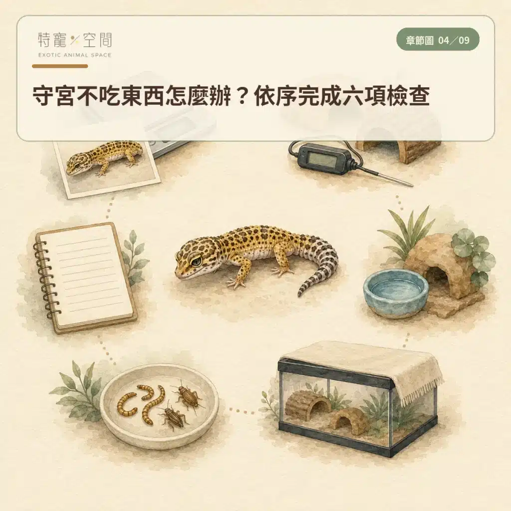 守宮不吃東西怎麼辦?豹紋守宮拒食原因、環境檢查與就醫警訊 04 LEOPARD GECKO SIX STEP CHECKLIST
