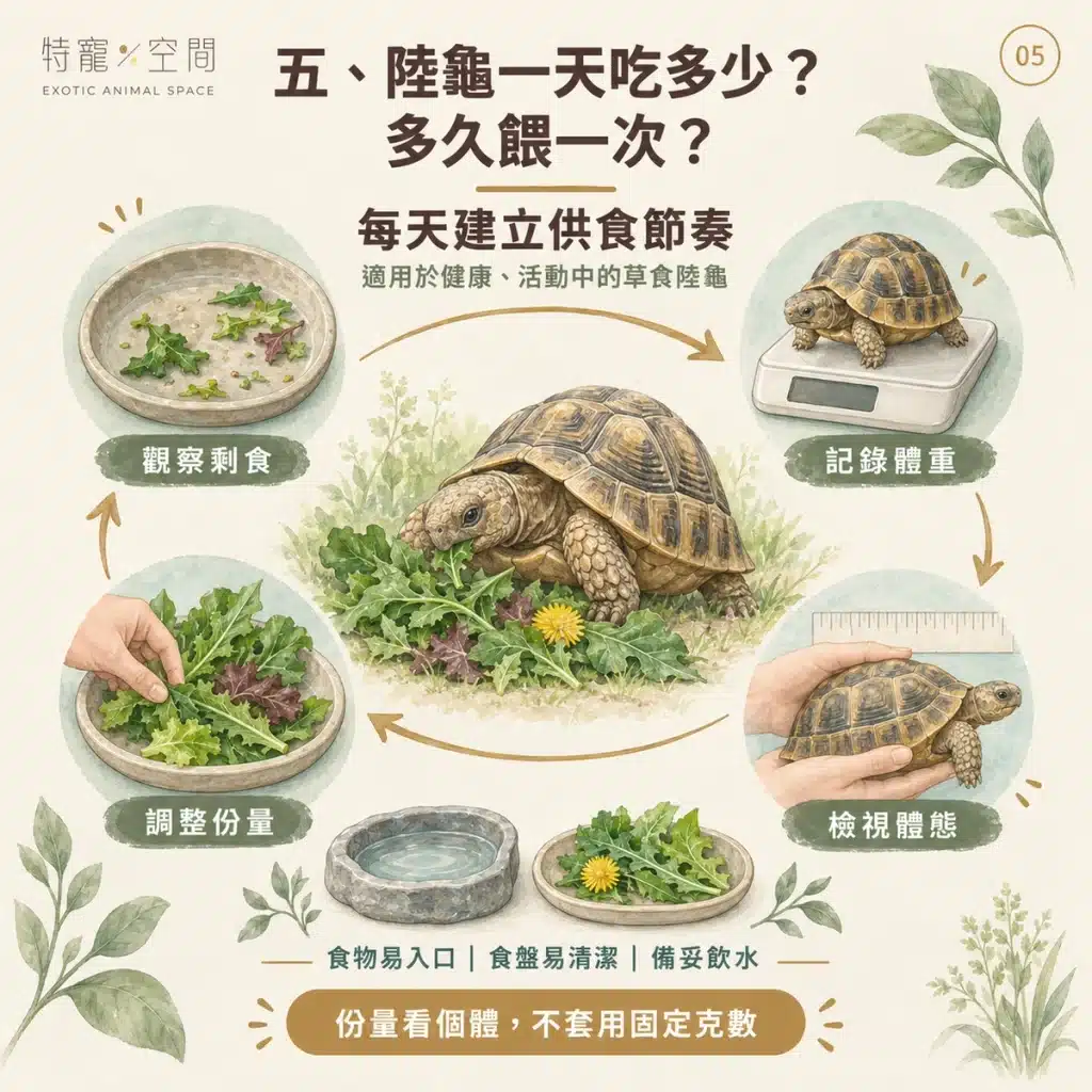 陸龜吃什麼?只能吃蔬菜嗎?獸醫解析:高纖低蛋白的飲食比例、禁忌食物與鈣粉補充指南 05 餵食份量與頻率