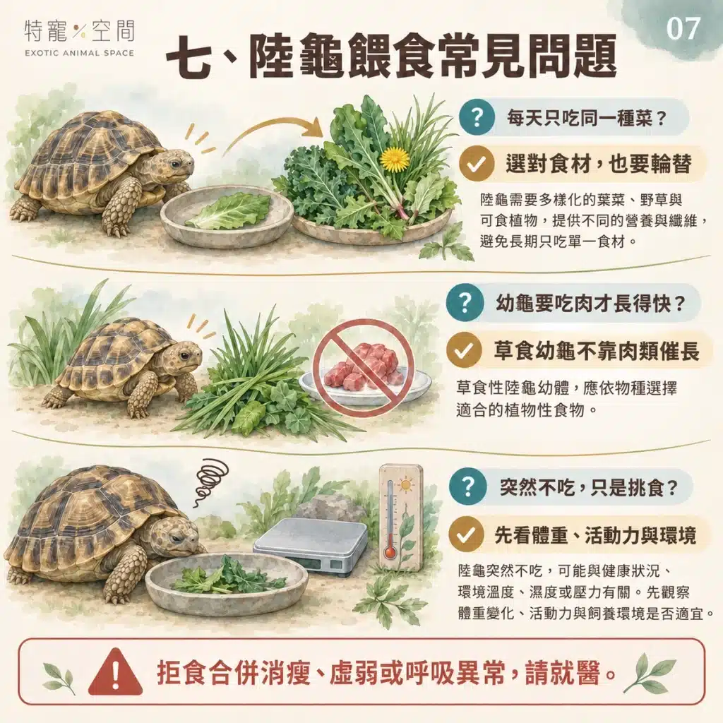 陸龜吃什麼?只能吃蔬菜嗎?獸醫解析:高纖低蛋白的飲食比例、禁忌食物與鈣粉補充指南 07 陸龜餵食常見問題