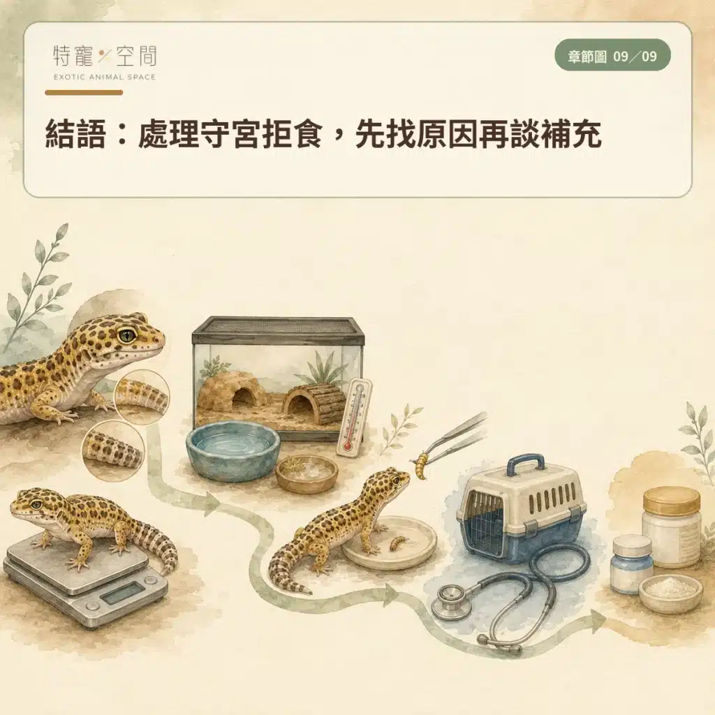 守宮不吃東西怎麼辦?豹紋守宮拒食原因、環境檢查與就醫警訊 09 LEOPARD GECKO NOT EATING SUMMARY